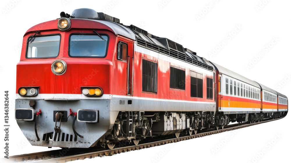 Red electric passenger train moving on railway with transparent background Red electric passenger train moving on railway with transparent background