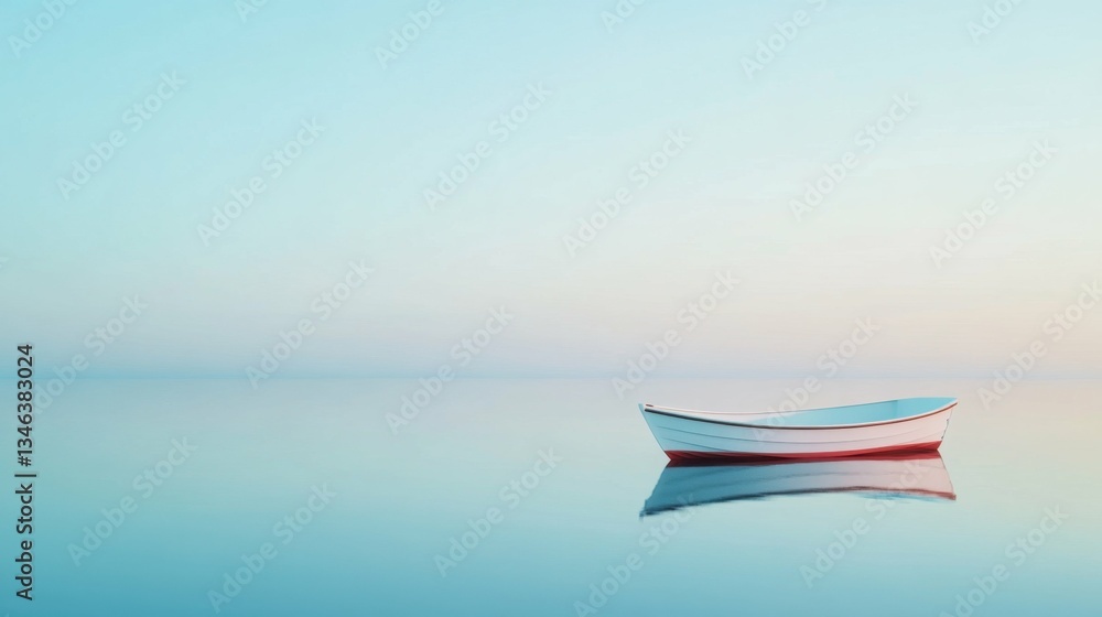 Naklejka premium Serene modern boat reflecting on calm water at sunrise