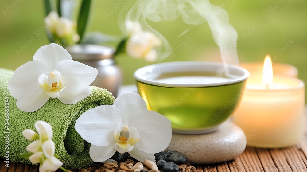 Relaxing tea setup with candles, flowers, and soothing elements for wellness. Relaxing tea setup with candles, flowers, and soothing elements for wellness.