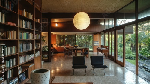 Modern home interior, open-plan living, lush garden view, architectural design