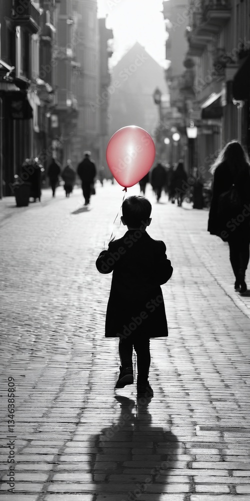 Obraz premium Alone child walking down city street with red balloon. Loneliness