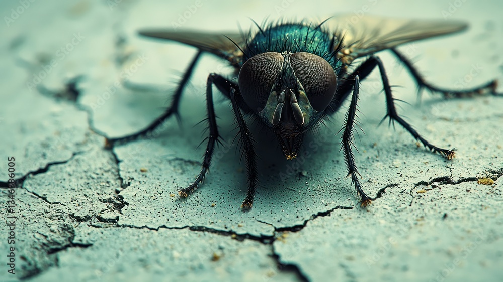 Close-up of a metallic blue fly on cracked paint Close-up of a metallic blue fly on cracked paint