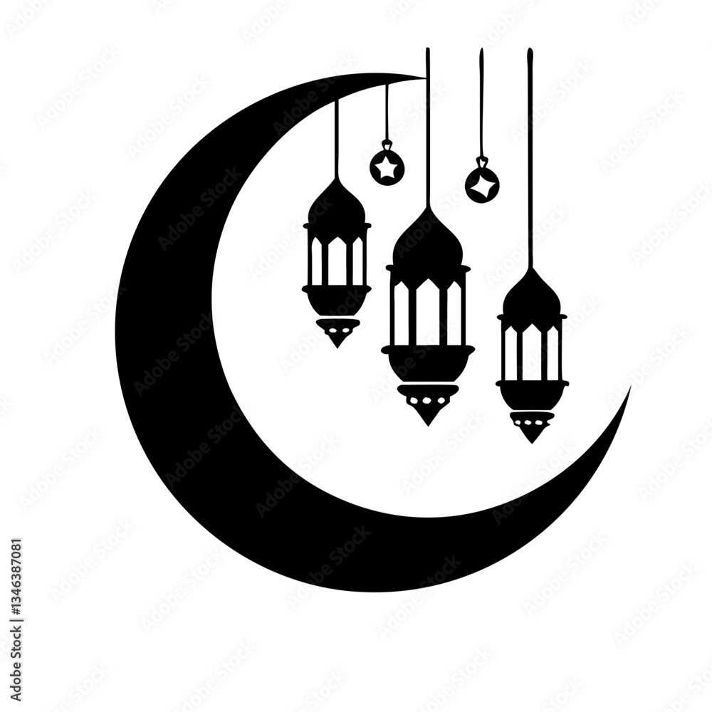 A crescent moon with hanging lanterns in an arch formation A crescent moon with hanging lanterns in an arch formation
