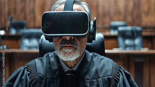 Judge using virtual reality technology in a modern courtroom setting to conduct a trial