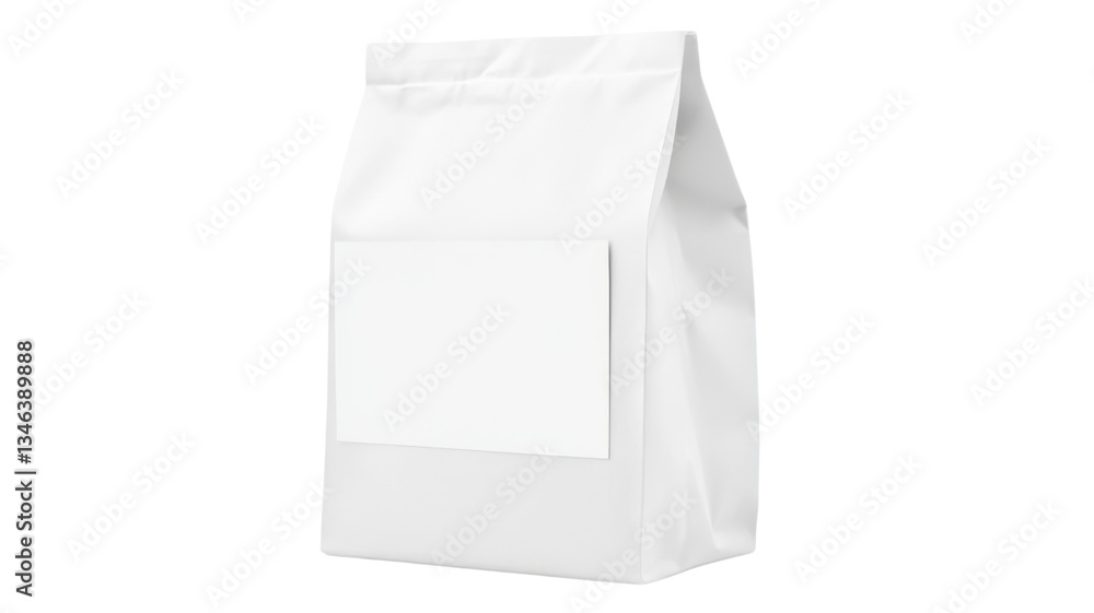 Realistic white blank paper packaging bag with label on transparent background Realistic white blank paper packaging bag with label on transparent background