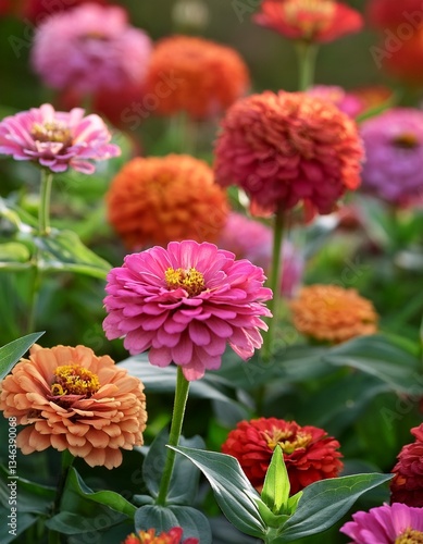 Colorful zinnia elegans flowers in the flowerbed. Generated image