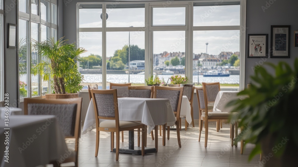 Fototapeta premium Lakeside cafe interior, tables, plants, water view, for dining