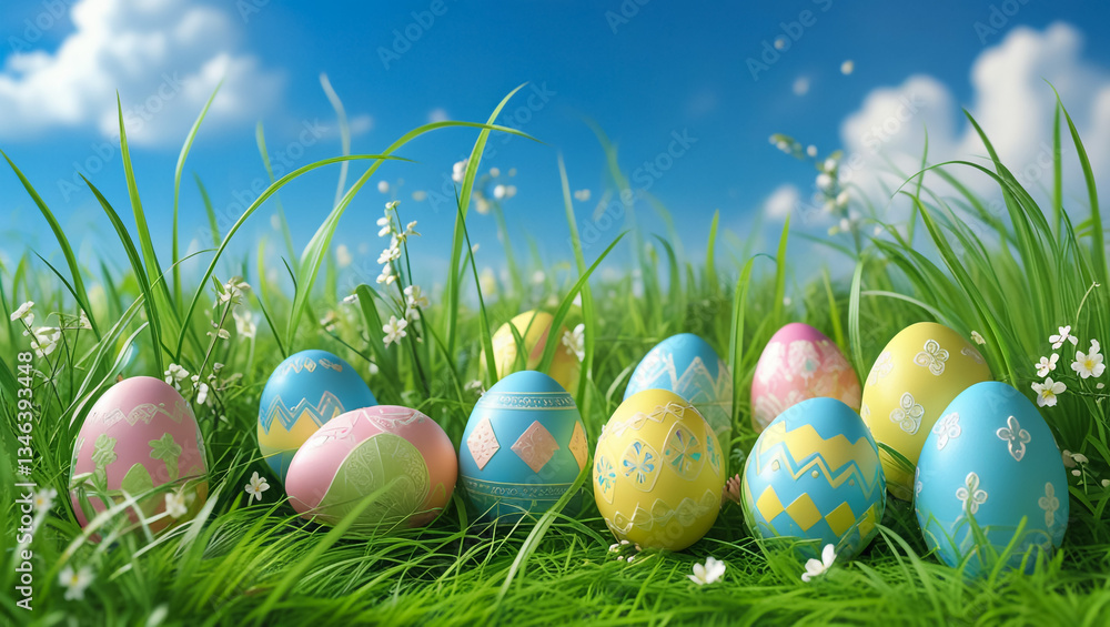 Colorful Easter eggs and daffodil flowers in green grass against blue sky Colorful Easter eggs and daffodil flowers in green grass against blue sky
