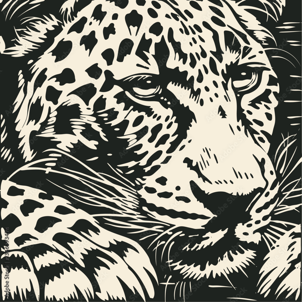 Vector illustration of leopard head in dramatic black and white woodcut style. Detailed portrait showing distinctive spotted fur pattern, whiskers and facial features in high contrast engraving techni Vector illustration of leopard head in dramatic black and white woodcut style. Detailed portrait showing distinctive spotted fur pattern, whiskers and facial features in high contrast engraving techni