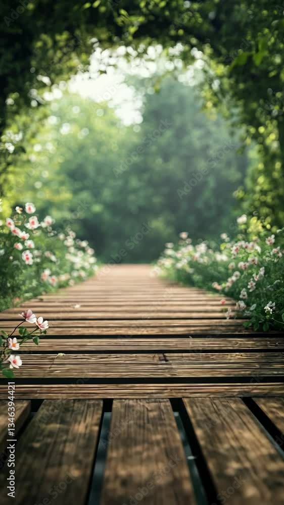 Serene wooden pathway bordered by vibrant flowers in a tranquil green forest setting Serene wooden pathway bordered by vibrant flowers in a tranquil green forest setting