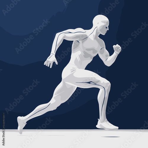 Athlete in futuristic bodysuit sprinting against dark blue background