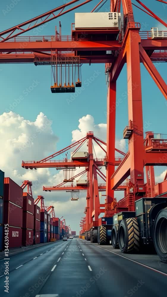 Long road between tall stacks of colorful containers and red port cranes Long road between tall stacks of colorful containers and red port cranes