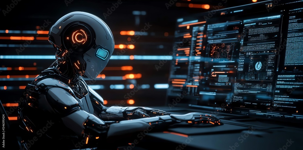 Cybernetic Robot Coding: Neon-lit Digital Workspace Cybernetic Robot Coding: Neon-lit Digital Workspace