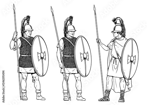 The Ptolemaic soldiers. Ancient army. Historical silhouette drawing.