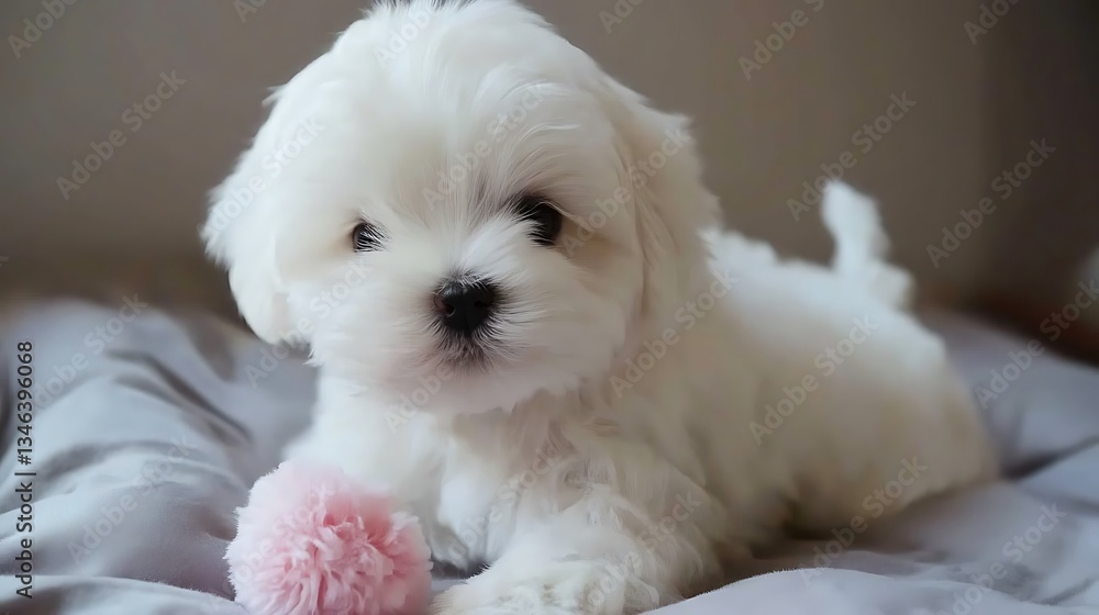 A small white fluffy puppy laying down on a gray blanket A small white fluffy puppy laying down on a gray blanket