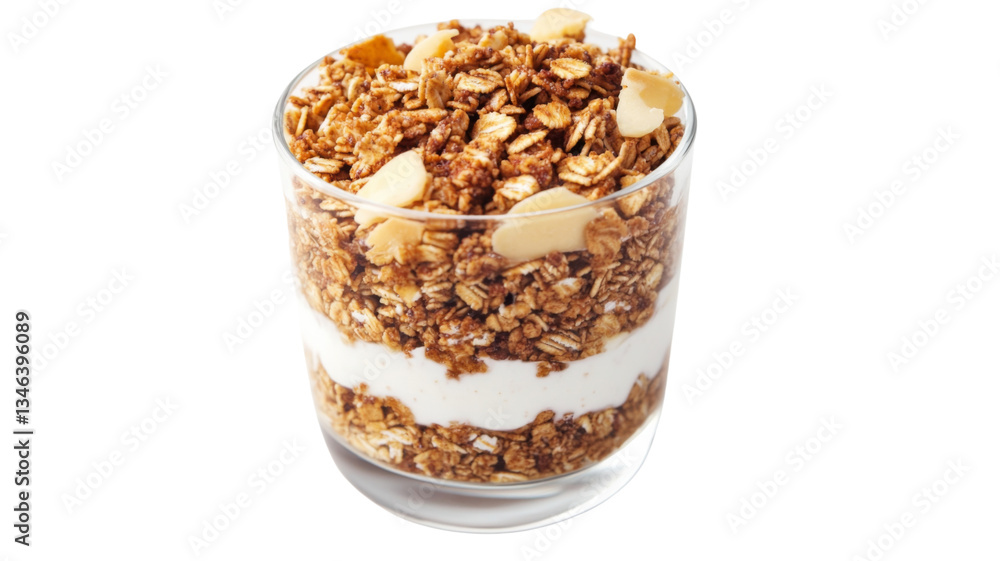 Glass filled with yogurt and granola topped with almonds on transparent background Glass filled with yogurt and granola topped with almonds on transparent background