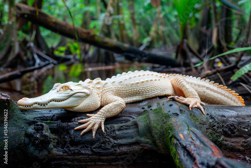 Albino alligator lying on a log in a swampy environment. The unique reptile displays its pale skin and scales amidst the lush greenery, highlighting its rarity and beauty