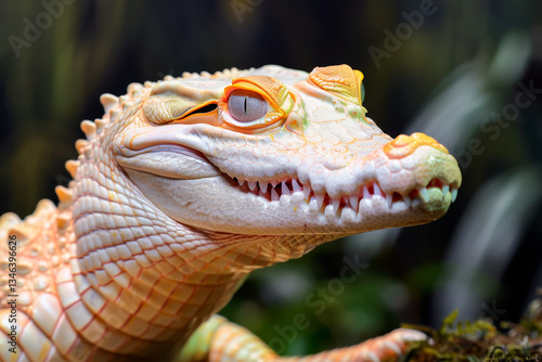 Albino crocodile showing its unique scales and vibrant eyes in a natural setting, wildlife and educational purposes about rare reptiles