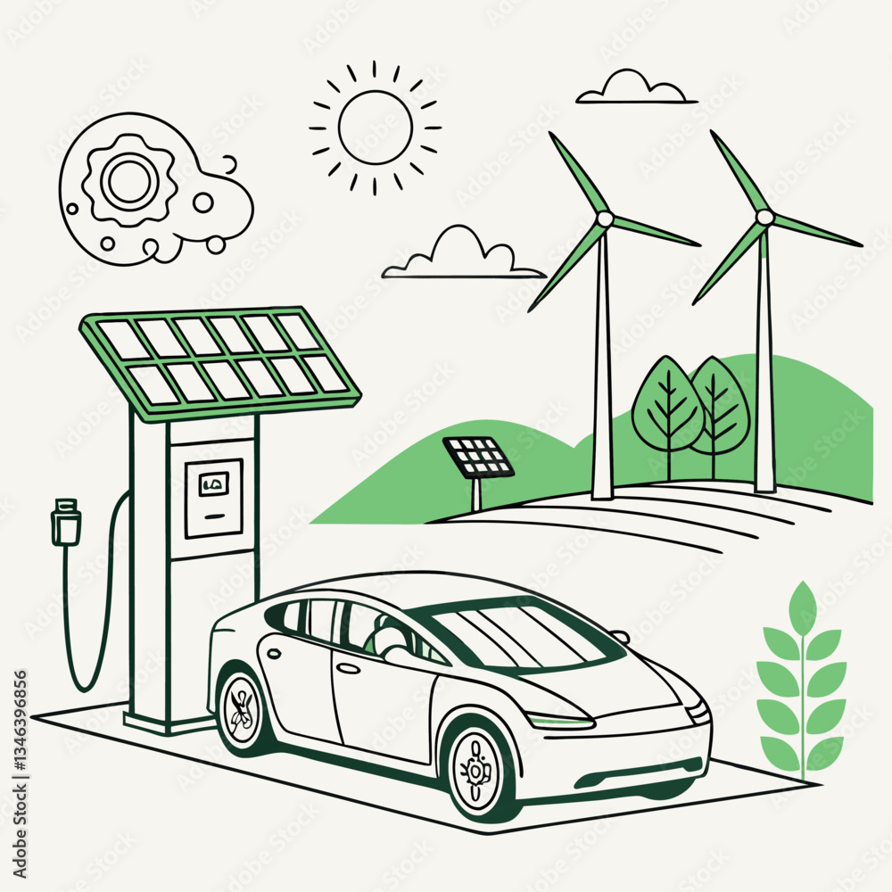 Fototapeta premium Clean energy for electric vehicles, environmentally friendly nature drawings vector work