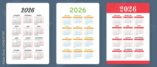 Calendar 2026. Colorful vector set. Pocket calender collection. Week starts on Sunday. Basic grid template for print