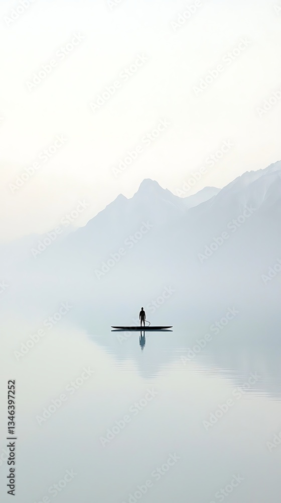 Solo kayaker with misty lake, and mountains. Solo kayaker with misty lake, and mountains.