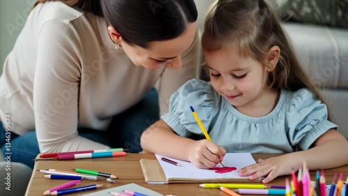 Wallpaper Mural Young girl child drawing with her mother at home Torontodigital.ca