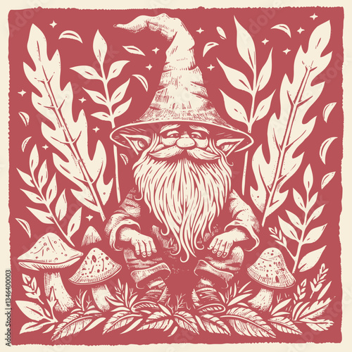 Vector illustration of garden gnome wearing pointed hat in red linocut style. Whimsical bearded character surrounded by mushrooms, leaves and botanical elements in folk art woodcut technique.