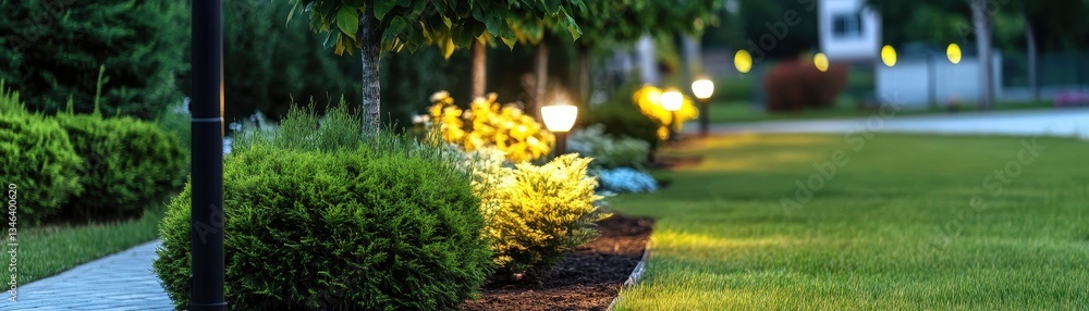 Fototapeta premium Enchanting night garden with vibrant, illuminated trees casting a magical glow under the starry sky.
