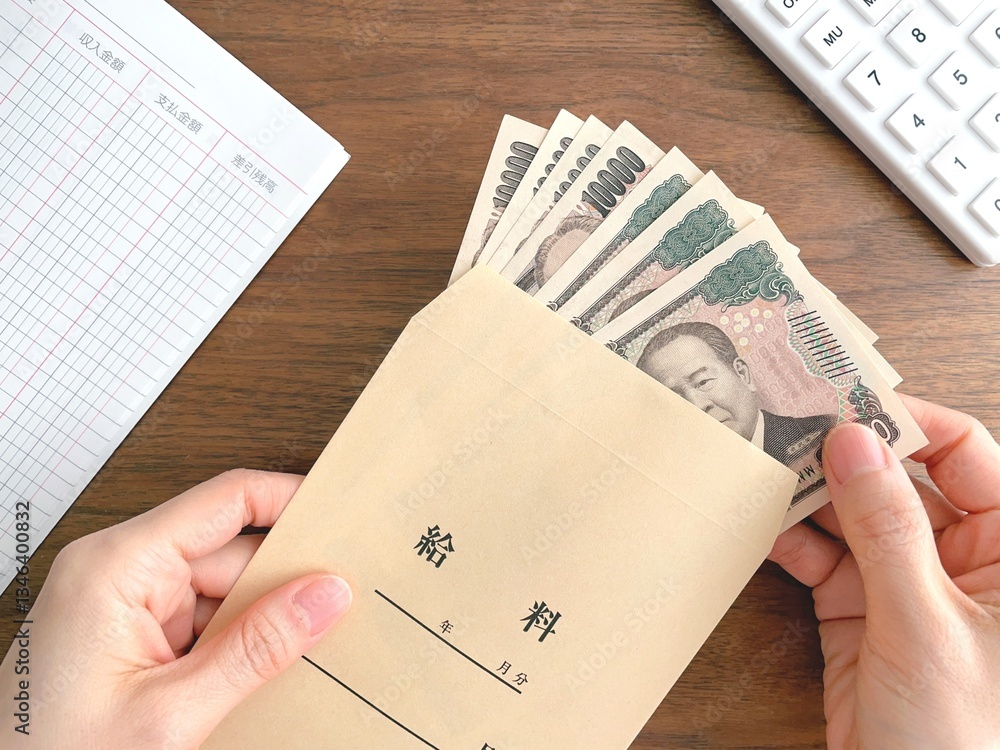 Naklejka premium 机上で給料袋から紙幣を取り出す女性の手元