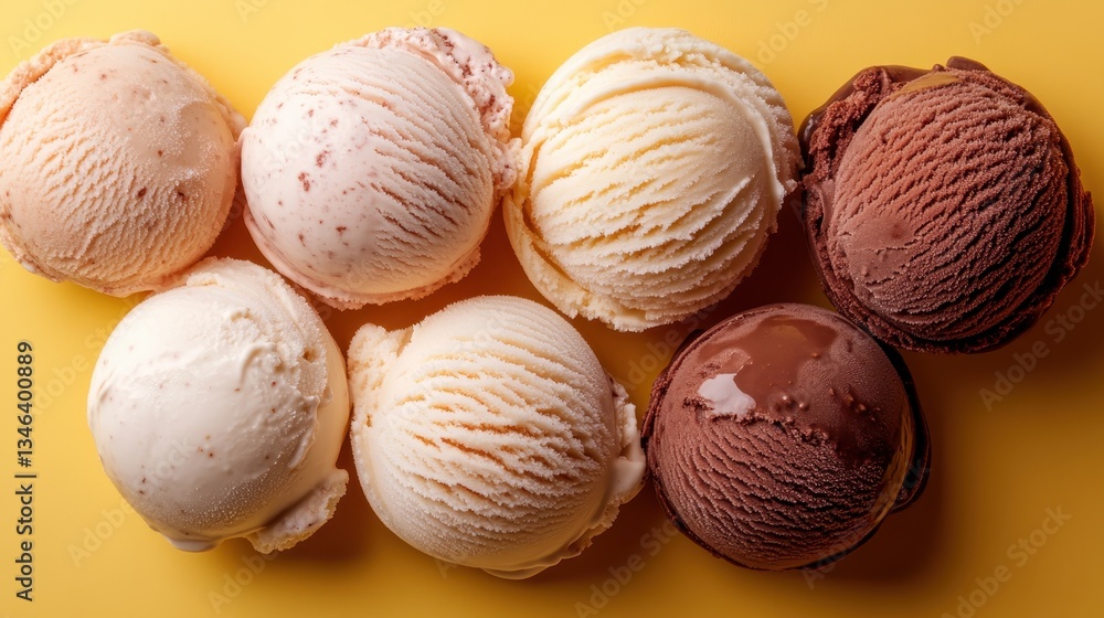 This image features several scoops of ice cream arranged neatly on a bright yellow background, showcasing different flavors and colors that invite a sweet treat. This image features several scoops of ice cream arranged neatly on a bright yellow background, showcasing different flavors and colors that invite a sweet treat.