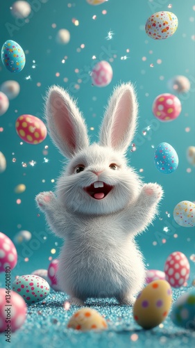 Obraz na płótnie Easter Bunny With Colorful Eggs On Turquoise Background.. w salonie