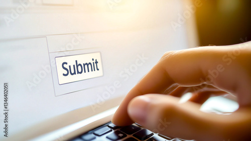 Fingertip pressing submit button on a web form on a modern laptop, symbolizing digital submission or online interaction.