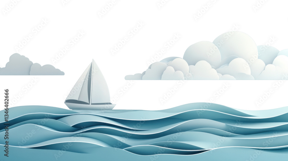 Naklejka premium White sailboat sailing on a cartoon sea with transparent background