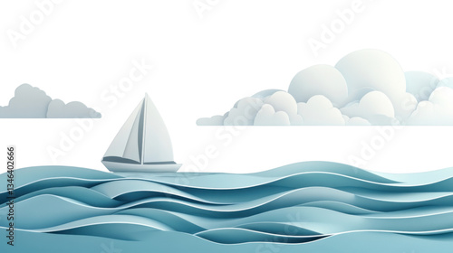 White sailboat sailing on a cartoon sea with transparent background