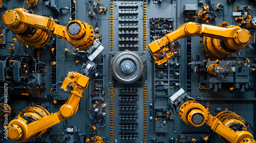 Aerial view of robotic arms in a high-tech manufacturing facility, showcasing automation and advanced engineering.