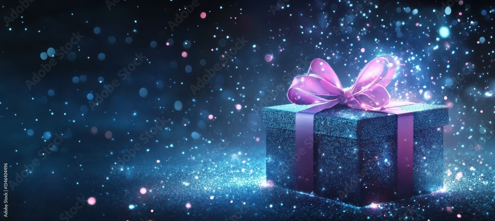 Gift Box with Glowing Lights on Dark Blurred Background