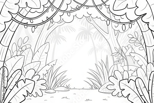 Fototapeta Naklejka Na Ścianę i Meble -  Tropical plant theme, A detailed jungle scene filled with lush foliage ready for coloring. Outline for coloring.