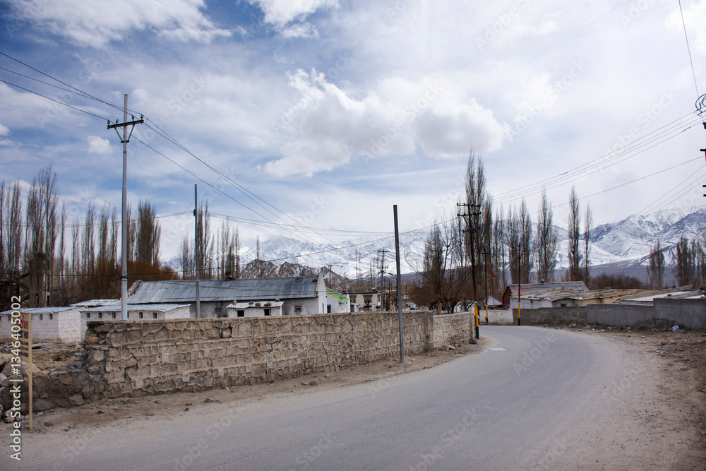 View and landscape and cityscape with buildings inside of Leh Ladakh village at Himalayan valley while winter season in Jammu and Kashmir, India View and landscape and cityscape with buildings inside of Leh Ladakh village at Himalayan valley while winter season in Jammu and Kashmir, India
