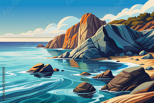 rocky beach with calm sea and stones vector background	