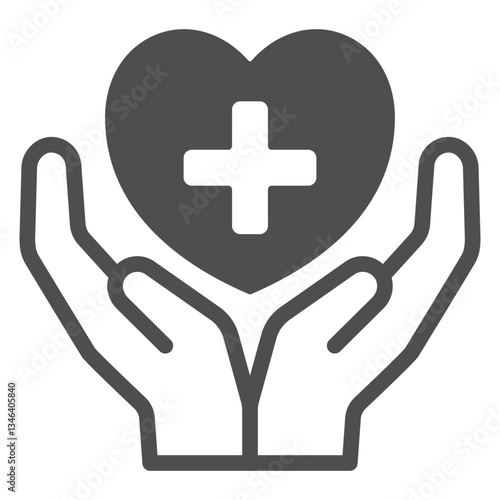 Heart with medical cross in hands solid icon, human rescue concept. Vector graphics. Medical plus on heart in hand palms sign on white background, glyph style icon for mobile or web design.