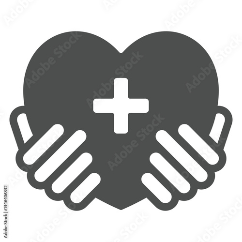 Hands holding heart with medical cross solid icon, human rescue concept. Vector graphics. Heart with plus in hands sign on white background, glyph style icon for mobile or web design.
