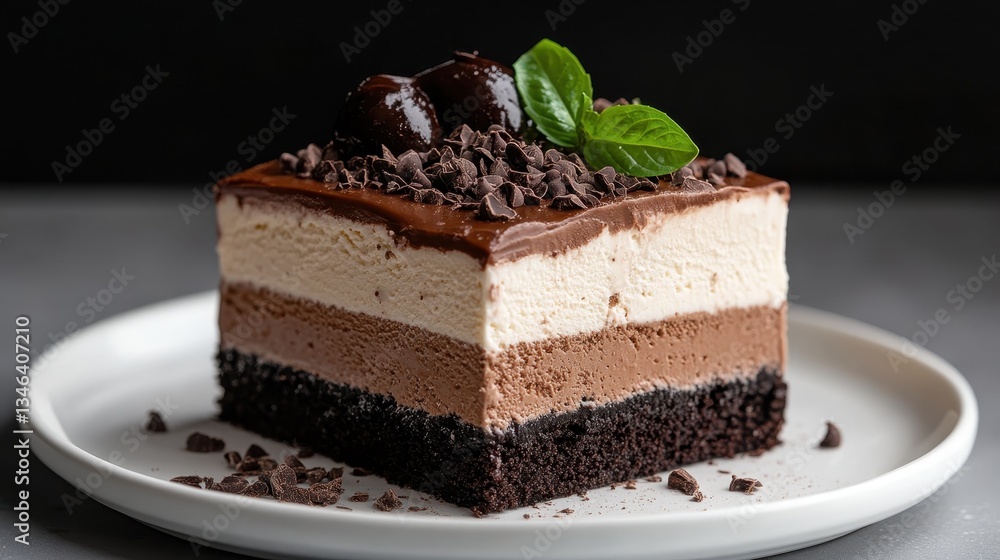 This delectable image showcases a chocolate dessert layered with cream and garnished with cherries, emphasizing its luscious textures and colors for dessert enthusiasts and culinary creatives. This delectable image showcases a chocolate dessert layered with cream and garnished with cherries, emphasizing its luscious textures and colors for dessert enthusiasts and culinary creatives.