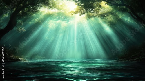 Wallpaper Mural Sunlight streams through a mystical forest, illuminating a tranquil river. Lush greenery, deep shadows, and a serene ambiance Torontodigital.ca