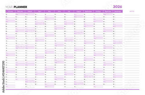 Blank purple 2026 year year planner, wall calendar for monthly and daily agenda. Schedule page journal, stationery calendar, organizer, planner template with twelve months vector illustration
