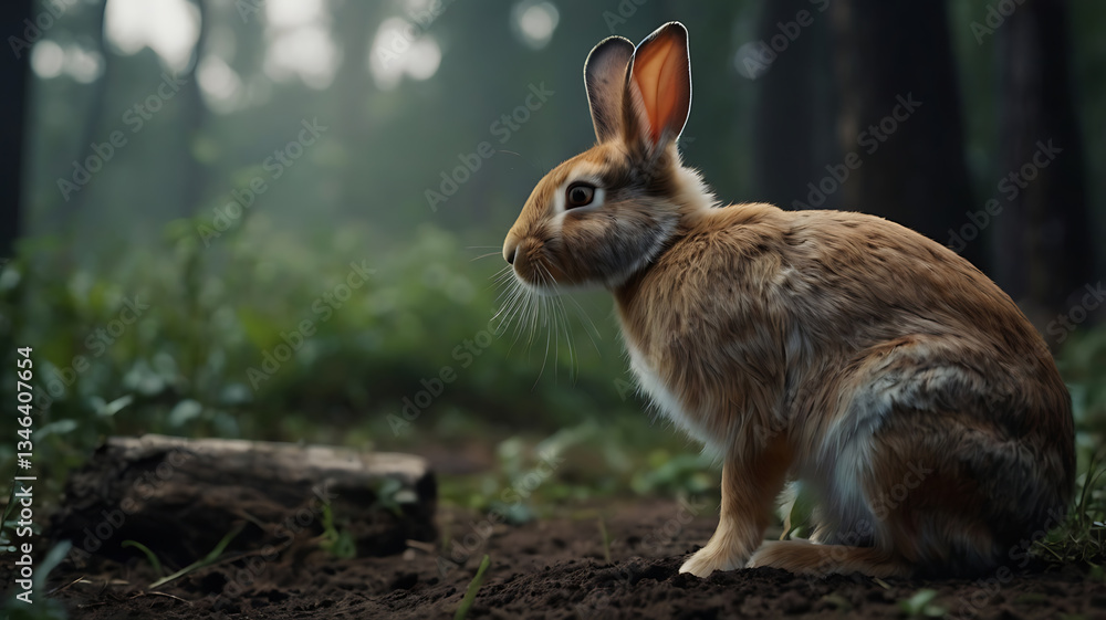 Fototapeta premium Alert Brown Rabbit Sitting in Forest Glade with Misty Background