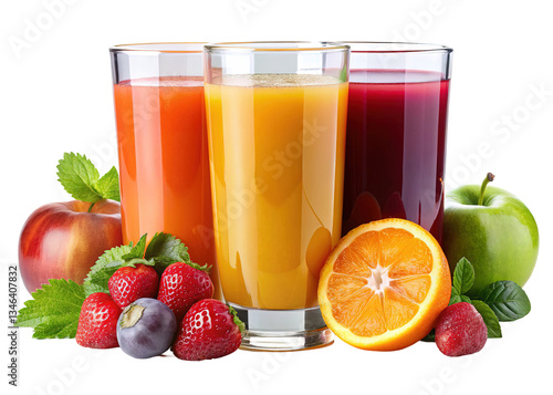 Assorted fresh fruit juices with berries and citrus - Three glasses of fresh fruit juice in vibrant colors, surrounded by apples, oranges, strawberries, and berries, representing healthy and natural r