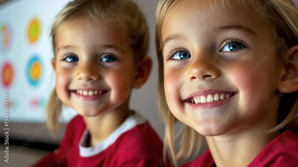 Young girls engaged in an educational activity at a classroom in the afternoon, focused on learning through interactive visuals Young girls engaged in an educational activity at a classroom in the afternoon, focused on learning through interactive visuals