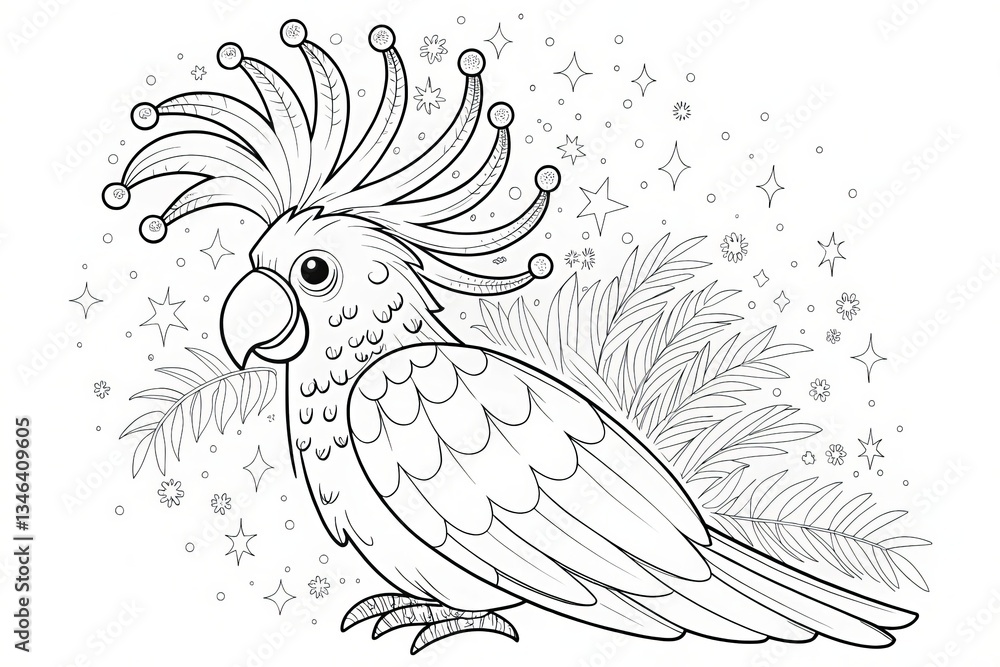 Obraz premium Tropical animal theme, Illustration of a whimsical bird surrounded by stars and foliage. Outline for coloring