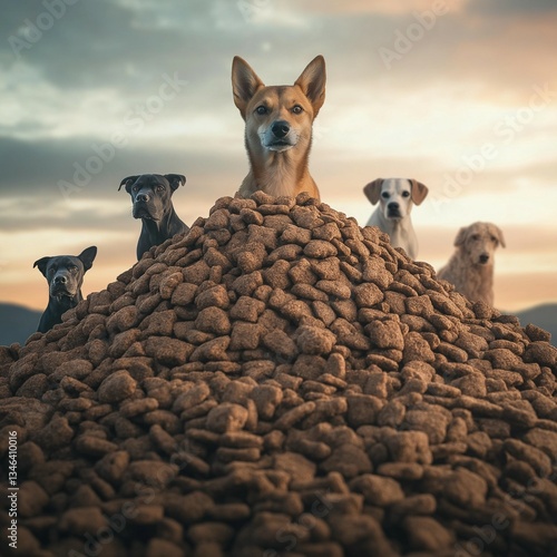a group of dogs, including a Shiba Inu, two Black Pitbulls, a Beagle, and a Goldendoodle, gathered around a massive pile of dog food, with the Shiba Inu standing dominantly at the top.