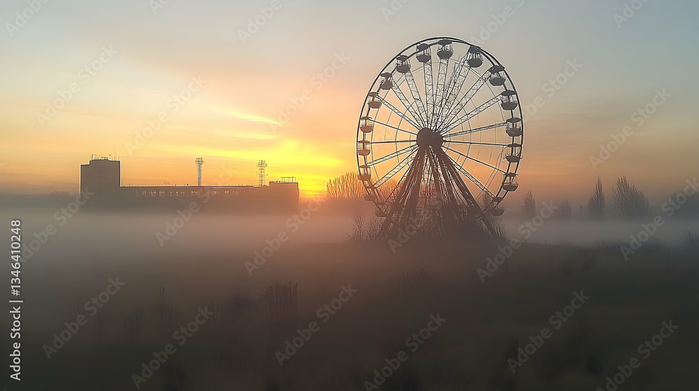 A serene sunrise over a misty landscape featuring a Ferris wheel and abandoned building A serene sunrise over a misty landscape featuring a Ferris wheel and abandoned building